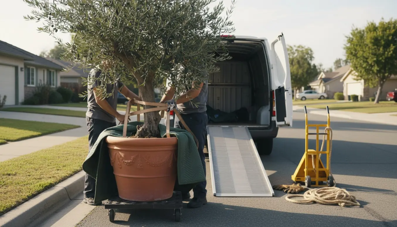Et stort oliventræ i pot sikres på en flyttedolly ved en åben varevogn klar til lokal flytning.