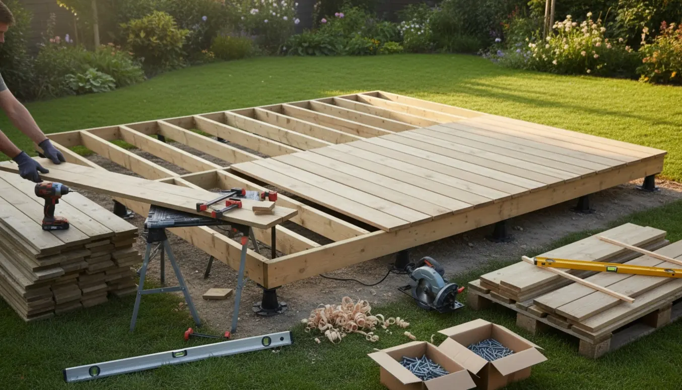 Delvist nedrevet gammel terrasse og ny træterrasse under opbygning med værktøj og hænder i arbejde i en baghave.