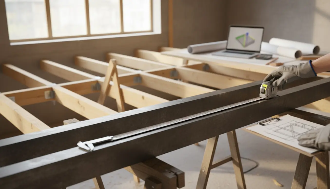 Nærbillede af to stålbjælker på en byggeplads med måleværktøj og træspær lagt ovenpå, uden synlige ansigter.