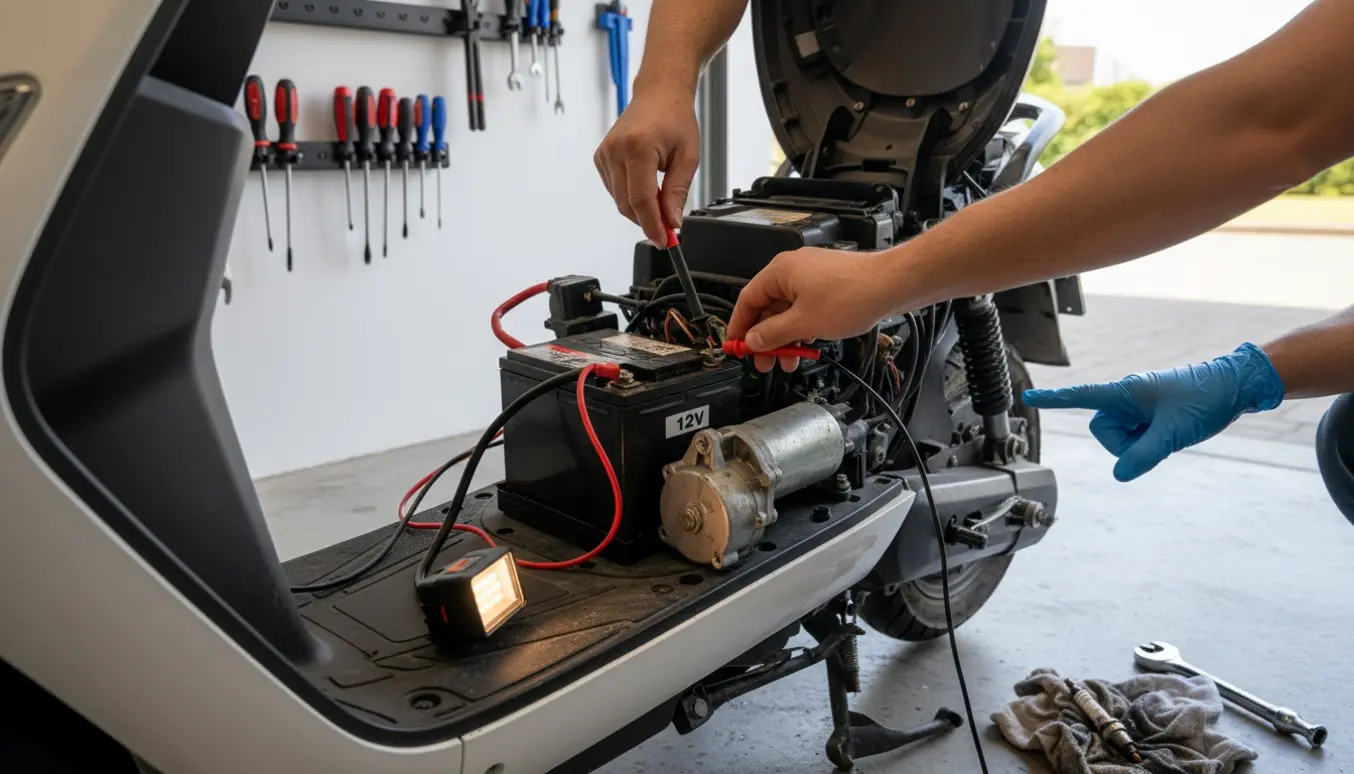Scooter med åben motor og batteri i et garageværksted, hænder tester forbindelserne med et multimeter.