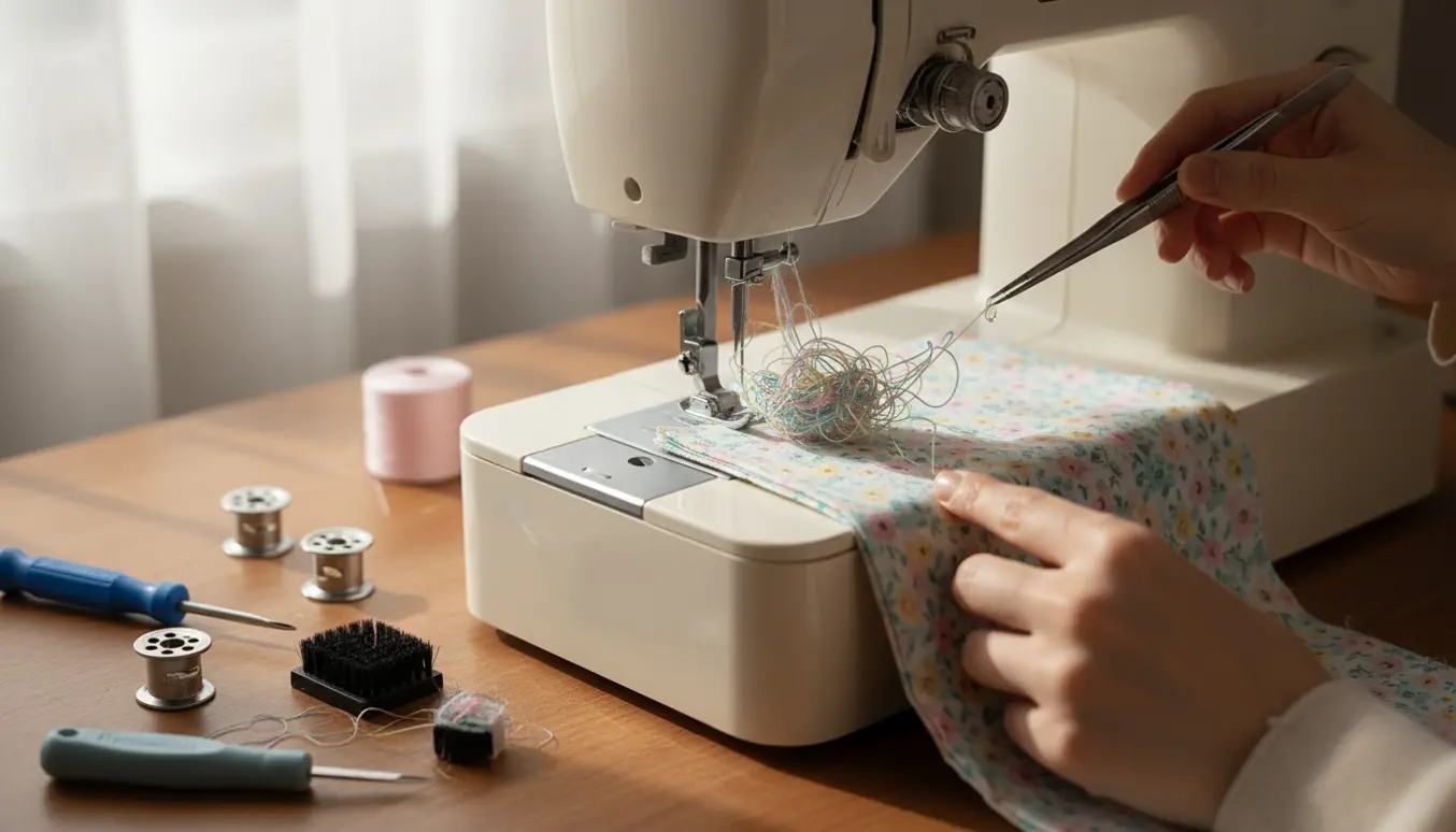 Nærbillede af hænder der løsner tråd og drypper olie i en fastkørt symaskines bobinrum på et veloplyst sybord.