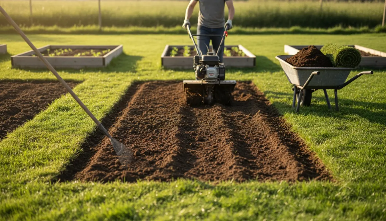 Nyttehave med frisk fræset, mørk smuldret jord og en fræser samt haveredskaber klar til pålægning af nyt græs.