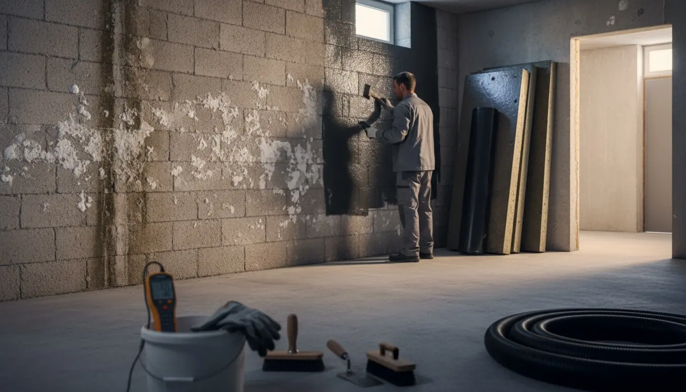 Kælder med fugt og saltpetervækst på gasbetonvæg, en håndværker set bagfra påfører fugtspærre, og isoleringsplader står klar.