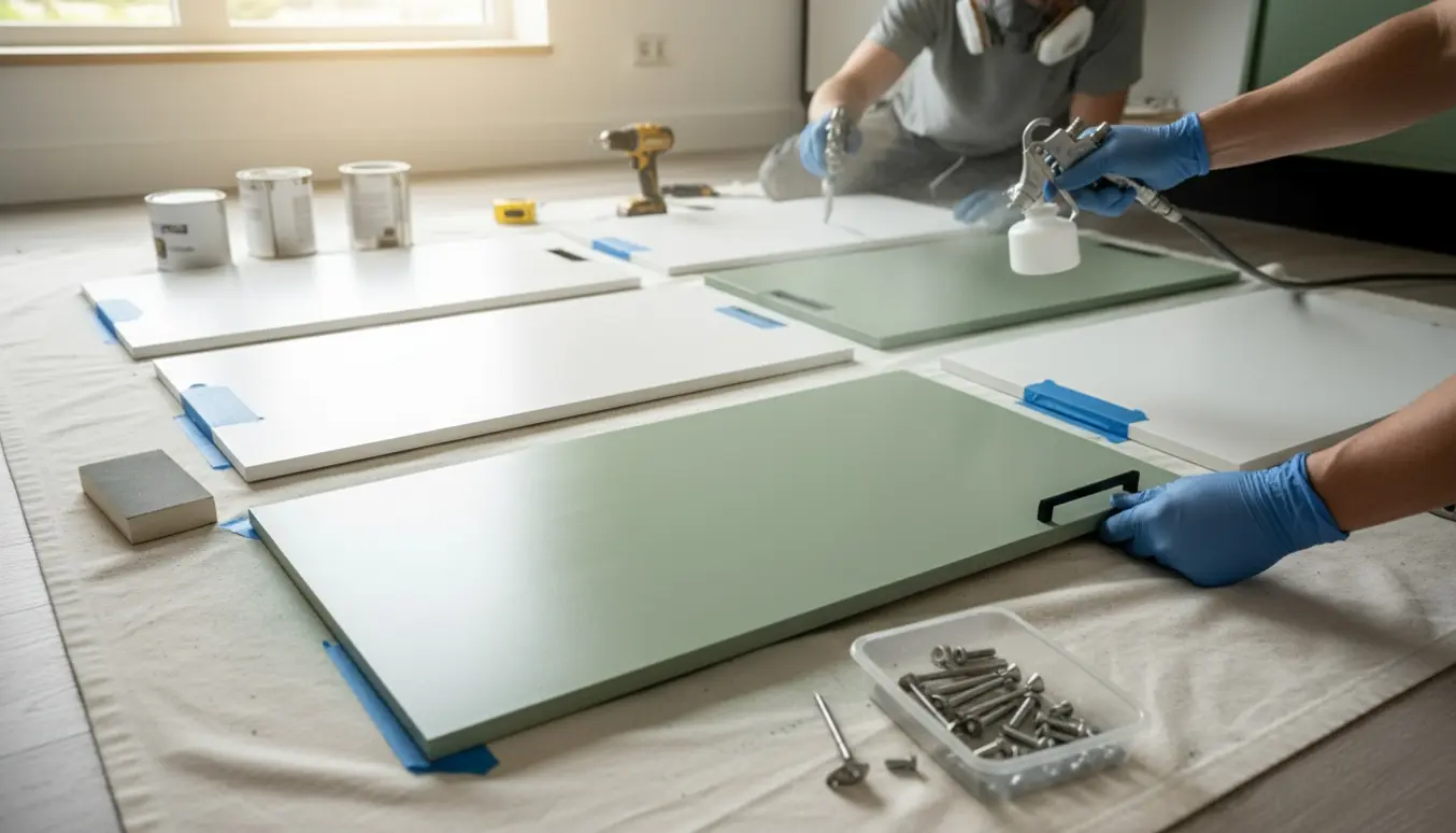 Nærbillede af spraymaling og montering af nye greb på hvide Ikea-køkkenlåger i et solbelyst værksted.