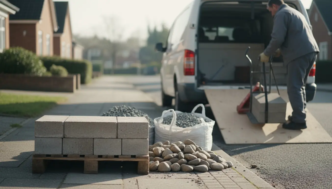Stak betonfliser, en bunke brosten og granitskærver ved fortovet klar til afhentning og læsning i varevogn.