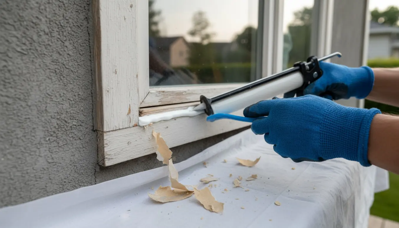 Nærbillede af en hånd med fugepistol, der påfører ny udvendig fuge langs en vinduesramme.