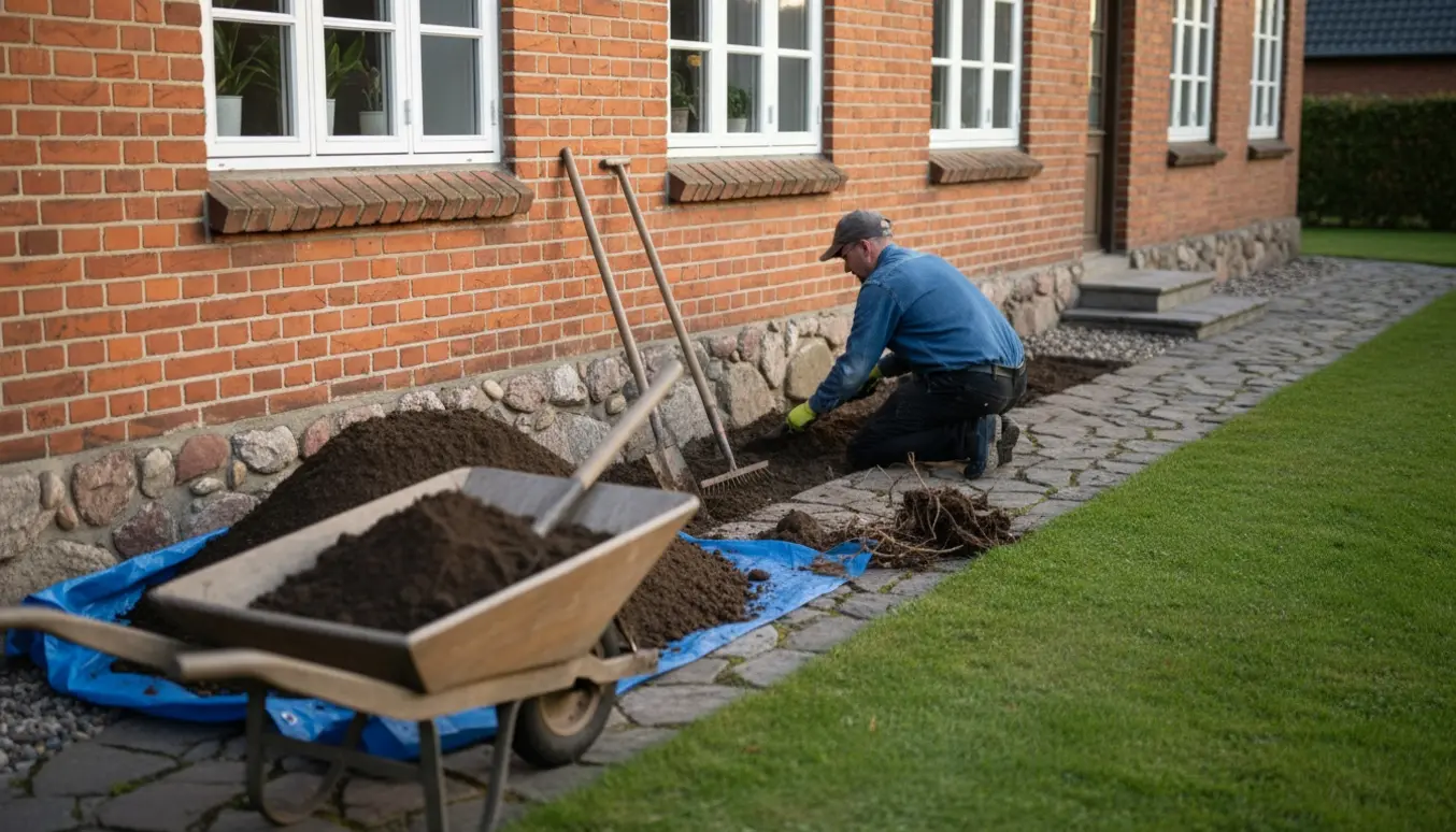 Udgravning af bed ved en rød muremestervilla med bunke jord, trillebør og skovl.