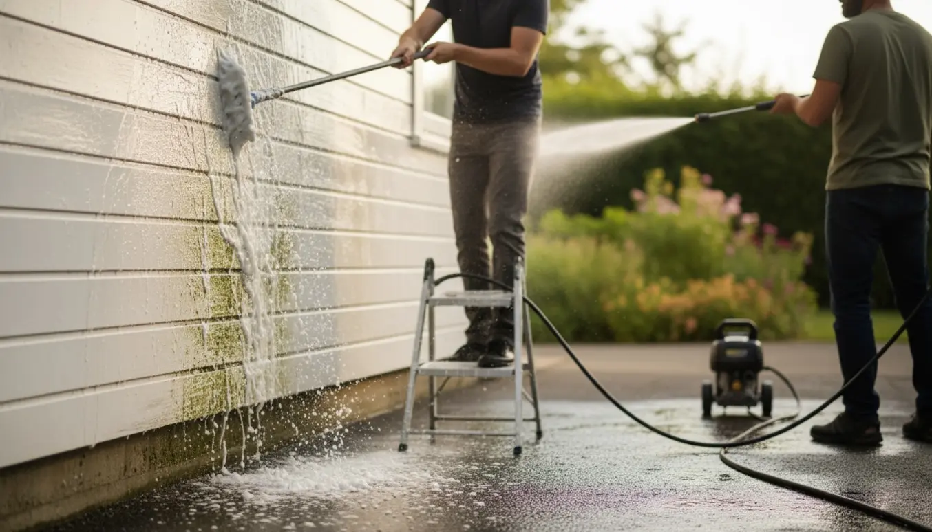 To personer vasker husets yderside med højtryksrenser og skrubbebørste, den ene på en trappestige.