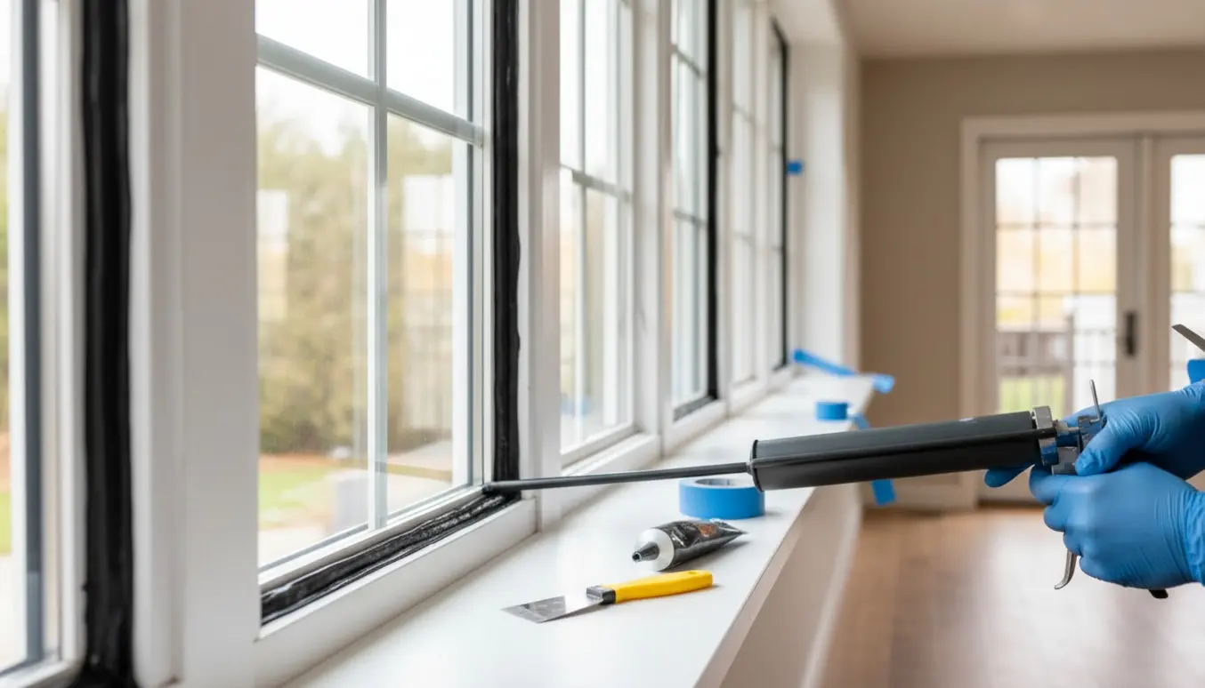 Nærbillede af hænder, der påfører sort fuge mellem glas og karm på en række af ni vinduer og en dør.