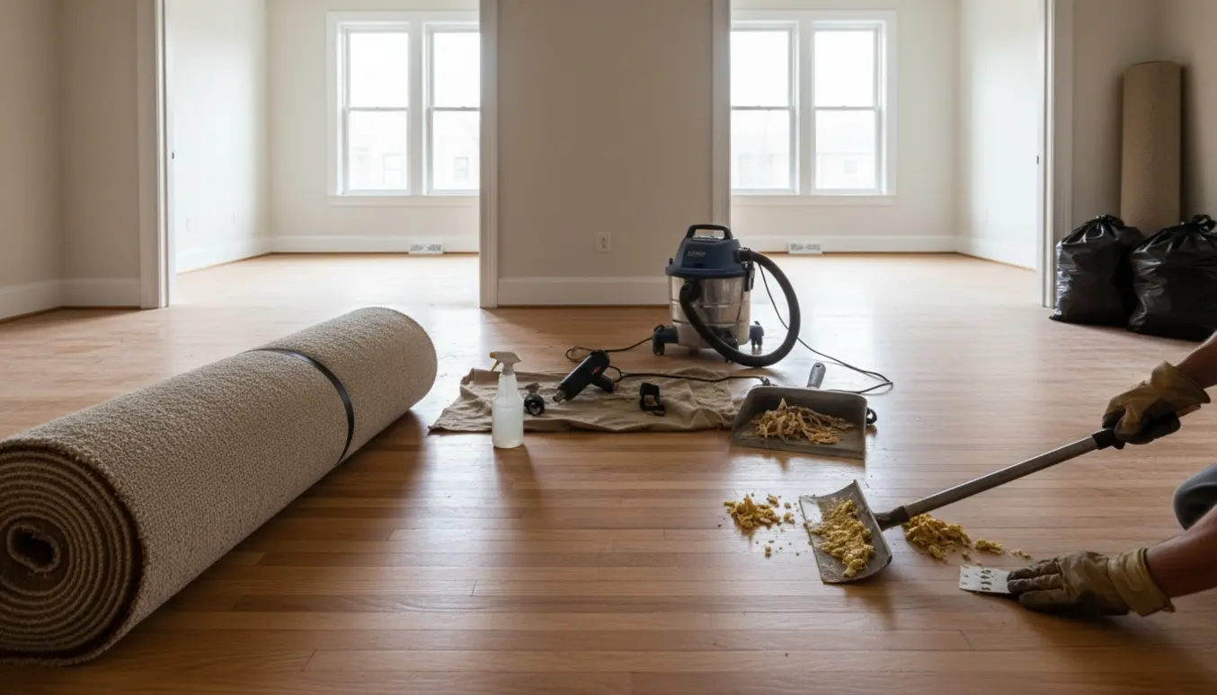 Tom stue med delvist fjernet limet gulvtæppe, værktøj og bunker af tæpper klar til bortskaffelse.