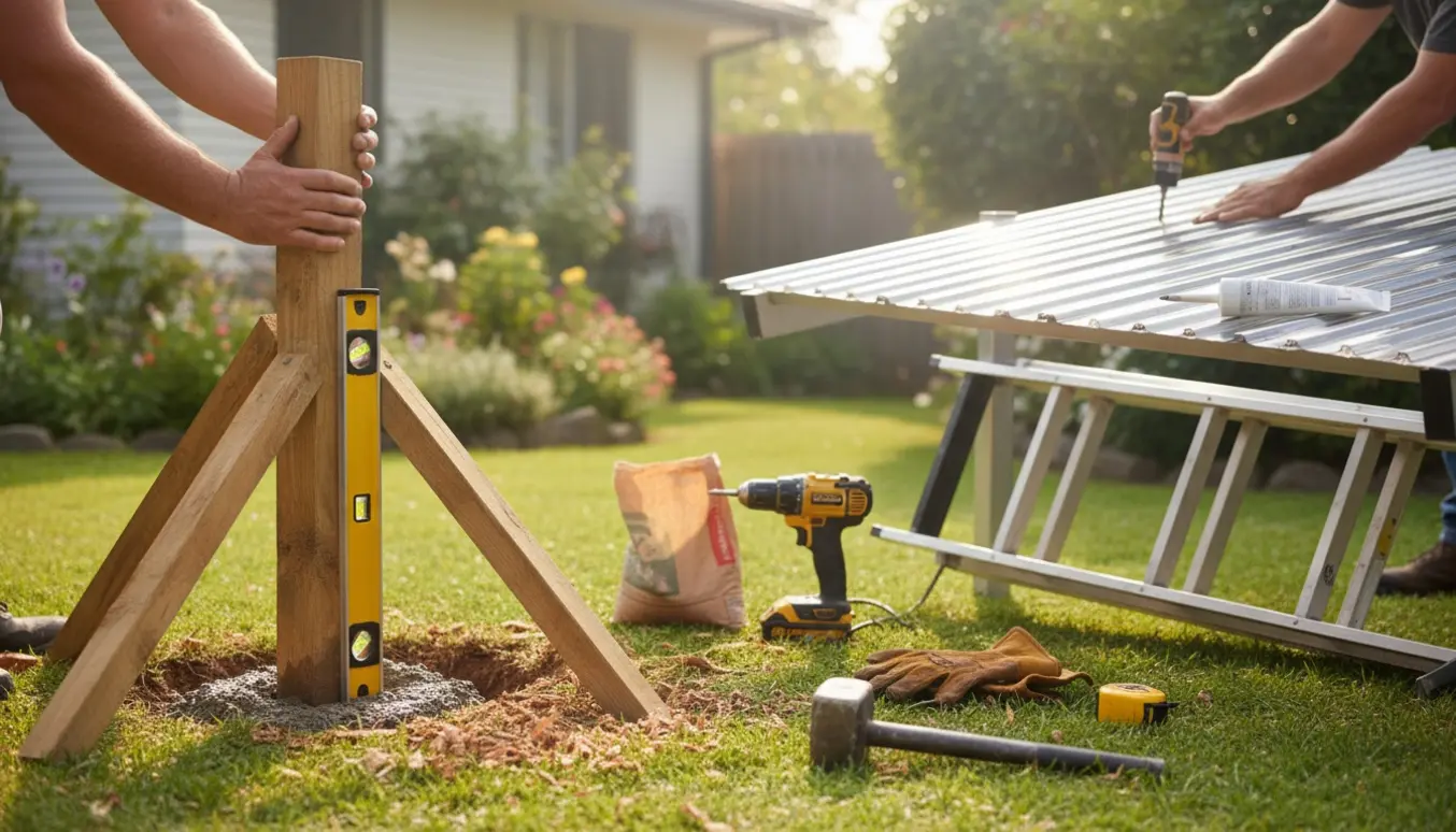 Håndværker udskifter en hegnspæl ved havelågen og monterer nye tagplader på en carport.