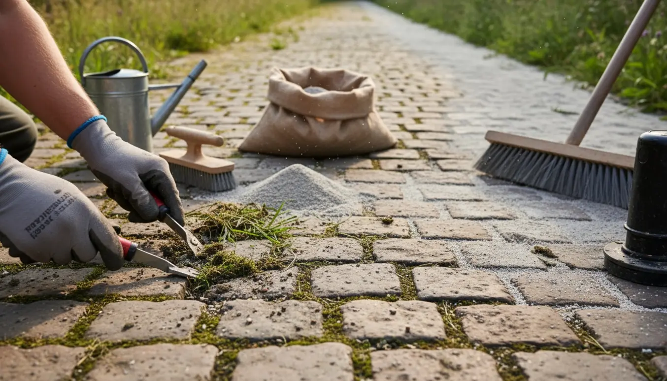 Nærbillede af hænder, der fjerner ukrudt mellem brosten og fejer fugesand ned i fugerne på en lang sti.
