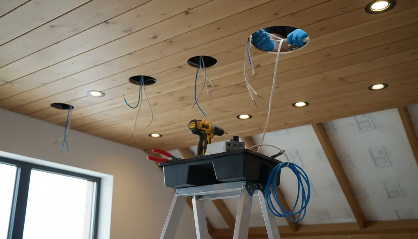 Montering af indbygningsspots i træloft med stige, værktøj og åben loftlem.