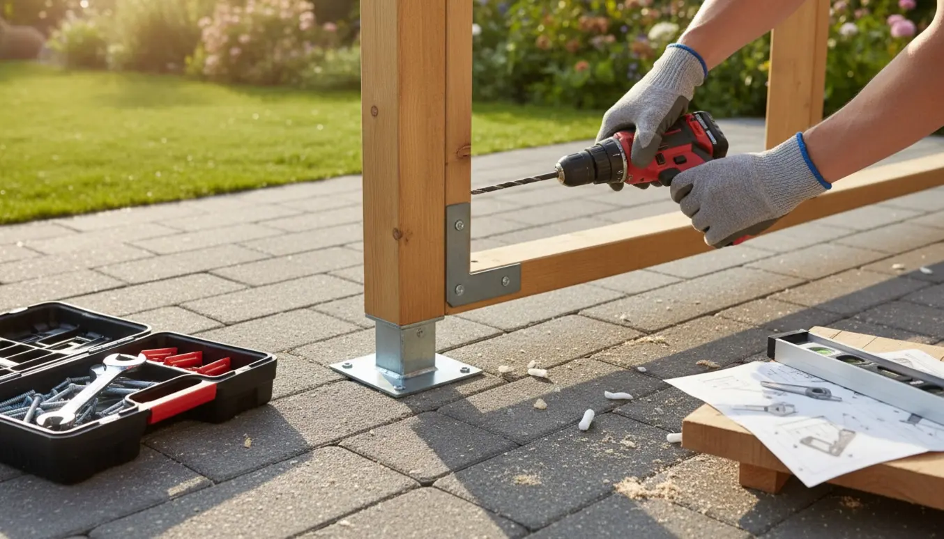 Nærbillede af montering af en havepavillon på fliser med boremaskine og værktøj.