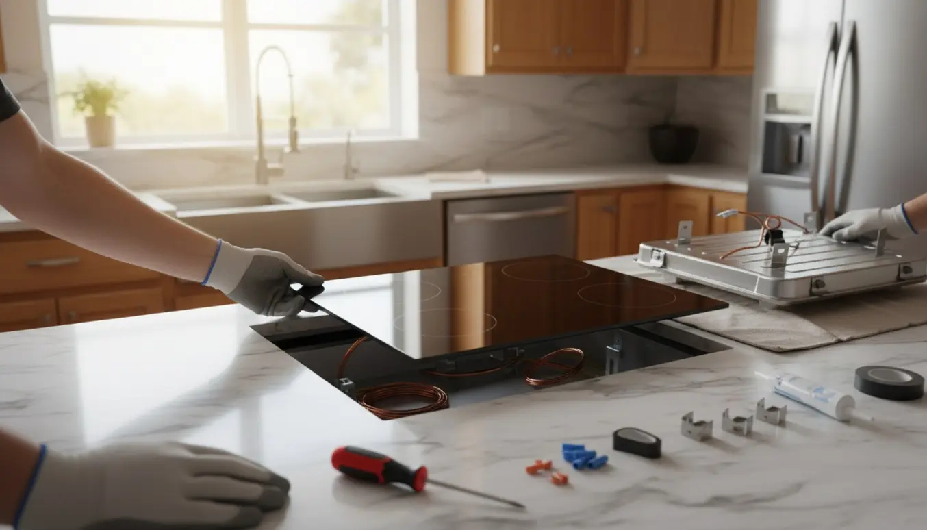 Nærbillede af hænder, der installerer en ny induktionskogeplade i en moderne køkkenbordplade.
