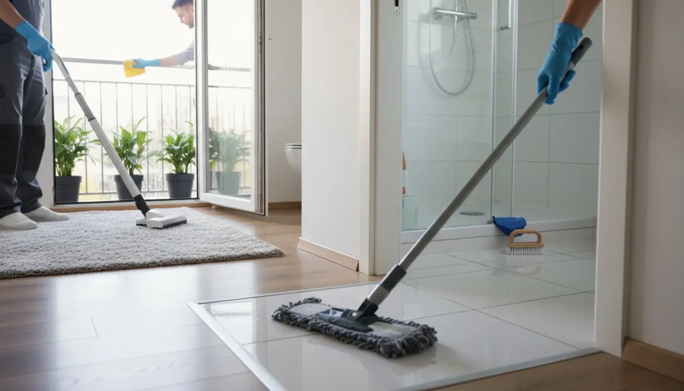 Udflytningsrengøring: handskeklædte hænder mopper badeværelsesgulv, støvsuger i brug og altan tørres af.