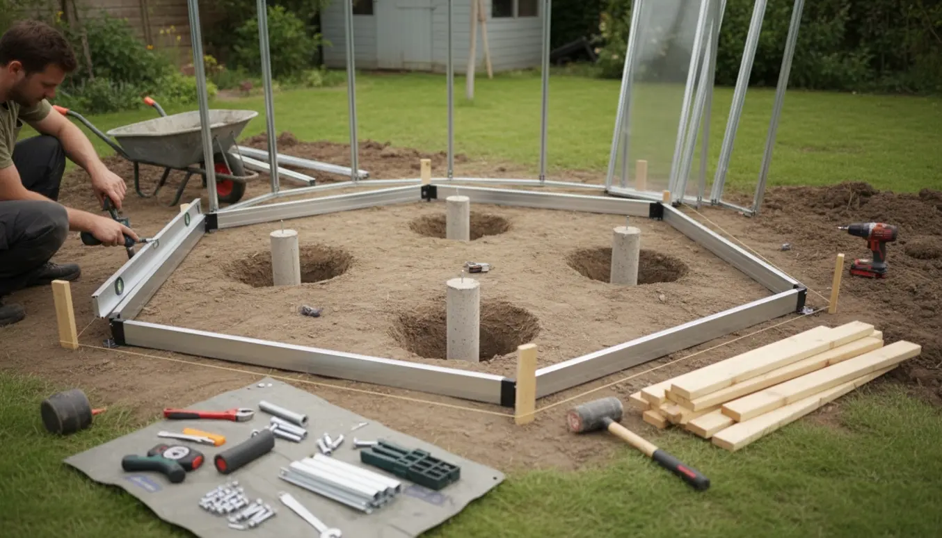 Delvist samlet sekskantet drivhus med sokkeldele, to støbte fundamenthuller og fire åbne huller.