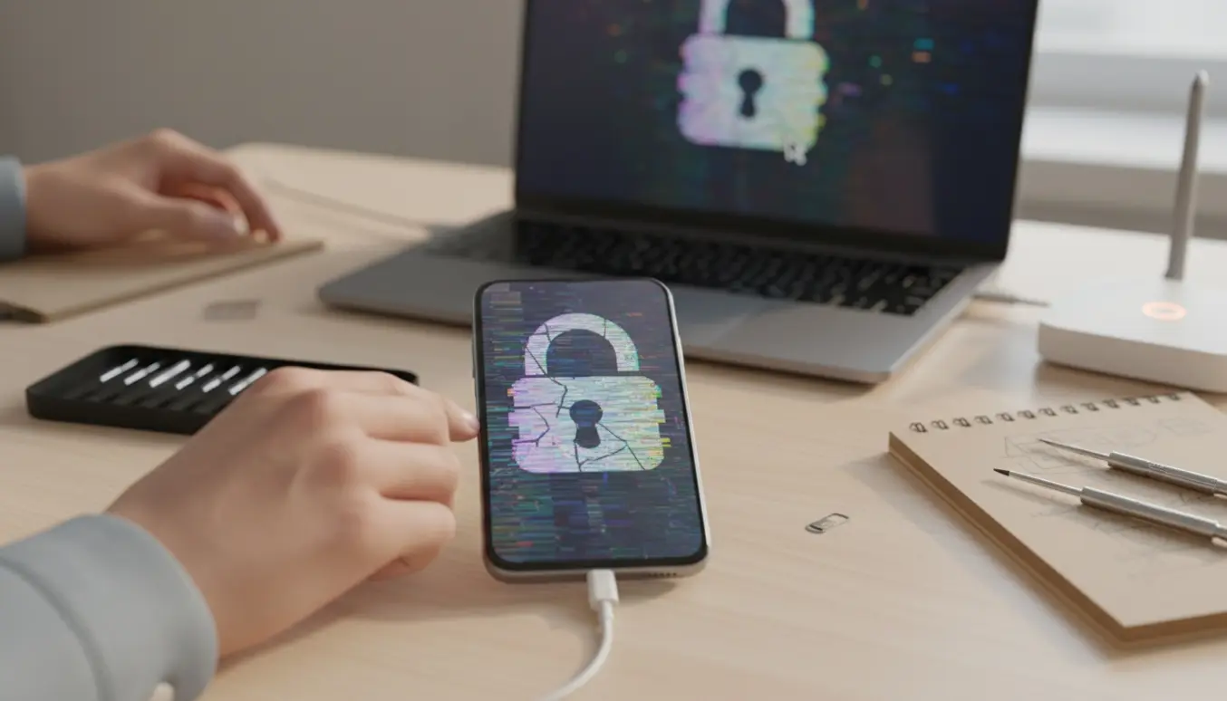 En smartphone med forstyrret skærm tilsluttes en bærbar ved et træbord med værktøj, mens hænder arbejder på at gendanne den efter hacking.