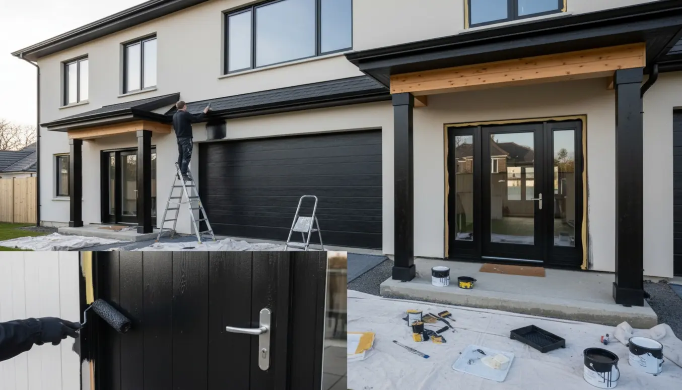 Udendørs træværk males sort på husets døre og vinduer, maler på stige med værktøj og afdækningsdug.