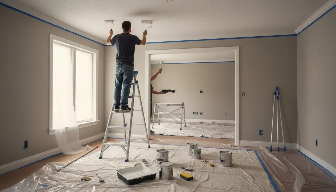 To personer maler lofter i to sammenhængende rum med rulle og stige i naturligt lys, uden synlige ansigter.