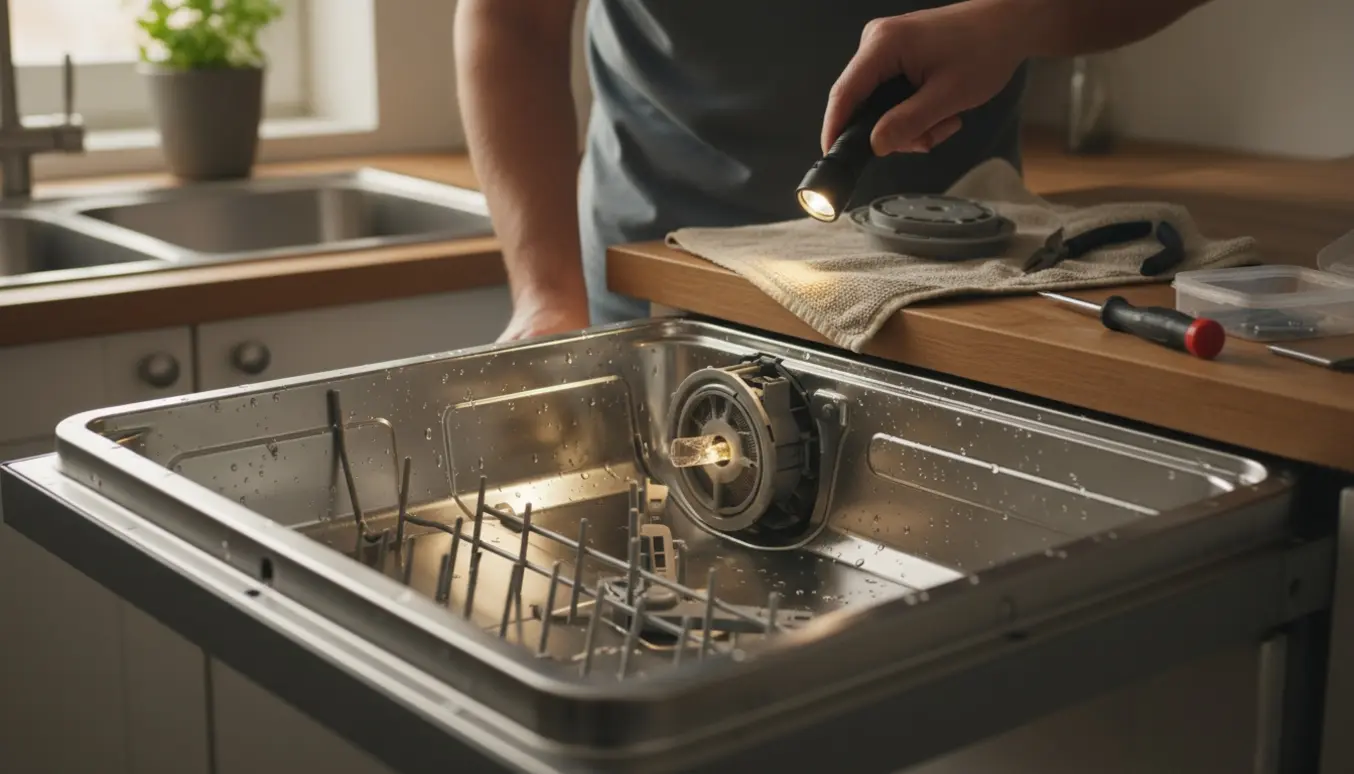 Åben opvaskemaskine med blottet pumpe og værktøj klar til inspektion.