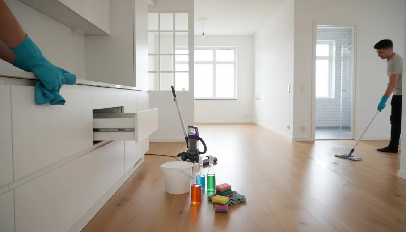 Rengøringshjælp tørrer skabe af og støvsuger gulve i en lys, tom lejlighed før fraflytning.