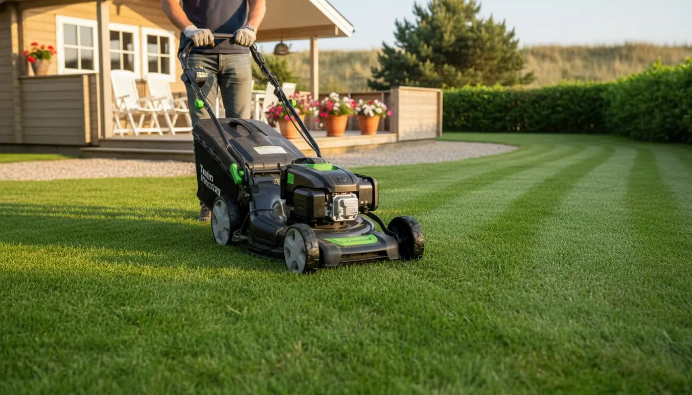 Plæneklipper skaber stribede baner på en frodig græsplæne foran et lille sommerhus i blødt eftermiddagslys.