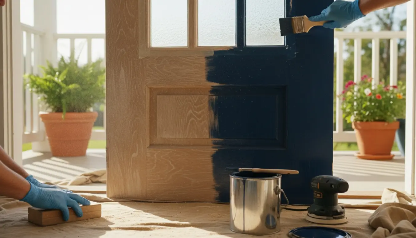 Udvendig trædør under slibning og maling med værktøj på en beskyttende presenning.