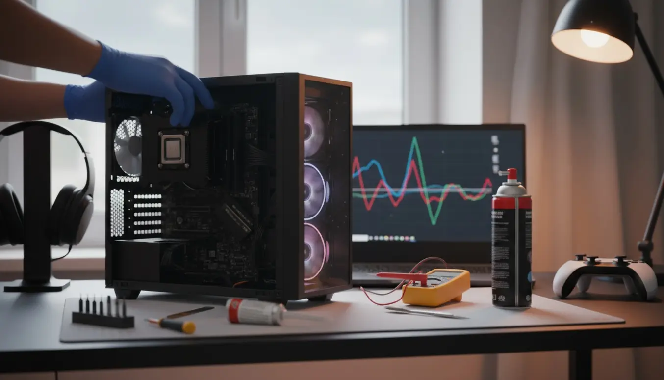 Hænder fejlfinder en åben gaming-pc med CPU-køler, værktøj og headset på et ryddeligt skrivebord.