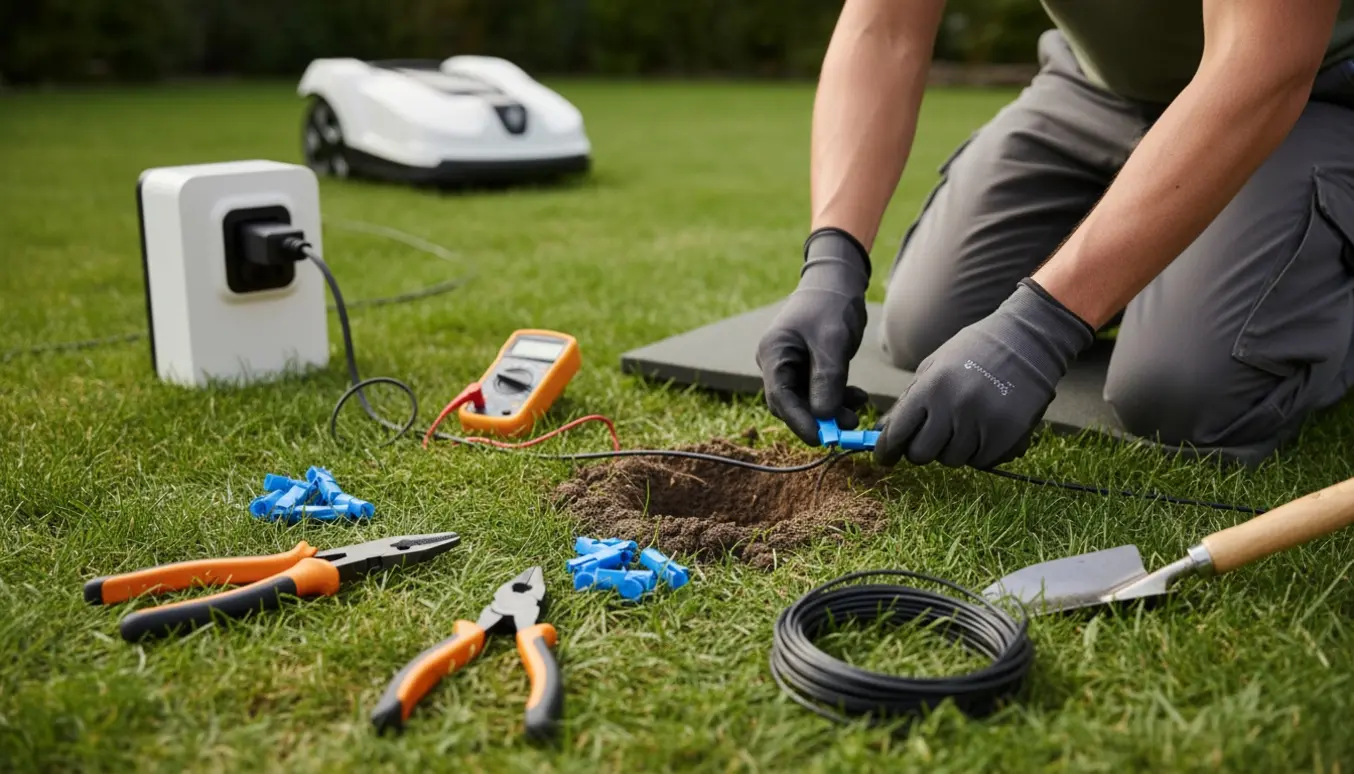 Nærbillede af hænder, der fejlretter og reparerer grænsekablet til en robotplæneklipper i en baghave.