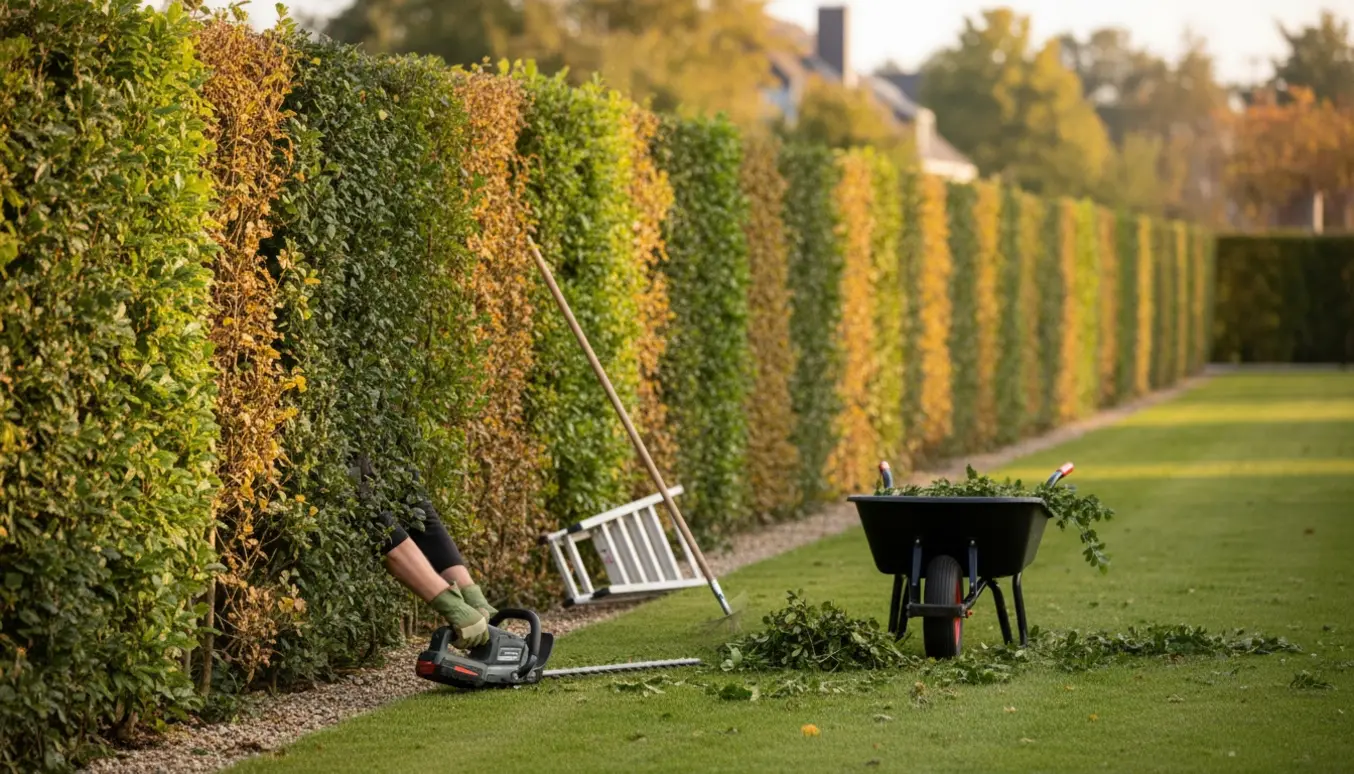 Nyklippede buksbom- og egehække på cirka 35 meter med hækkeklipper og bunker af afklip i forgrunden.