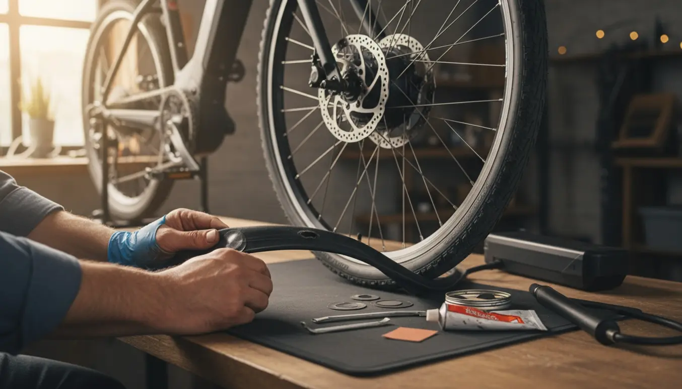 Hænder lapper baghjulet på en elcykel med lapningskit og håndpumpe på et værkstedsbord.