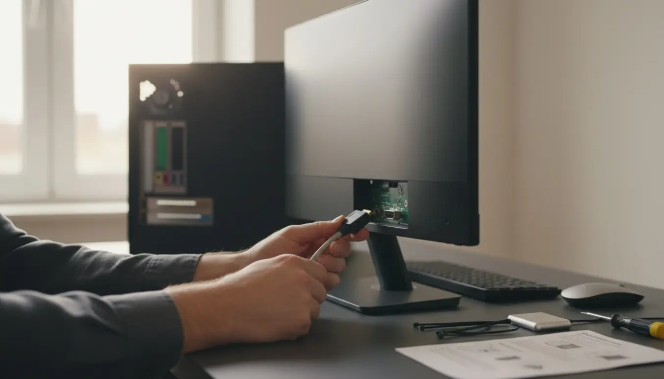 Hænder tilslutter en PC-skærm til en stationær computer på et ryddeligt skrivebord.