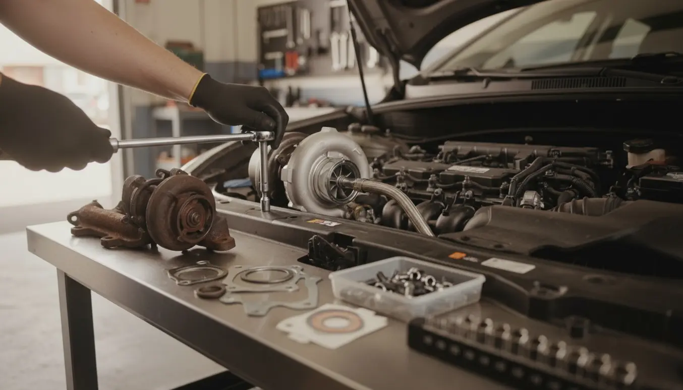 Nærbillede af hænder, der monterer en ny turbo i en i30's motor i et lyst autoværksted.