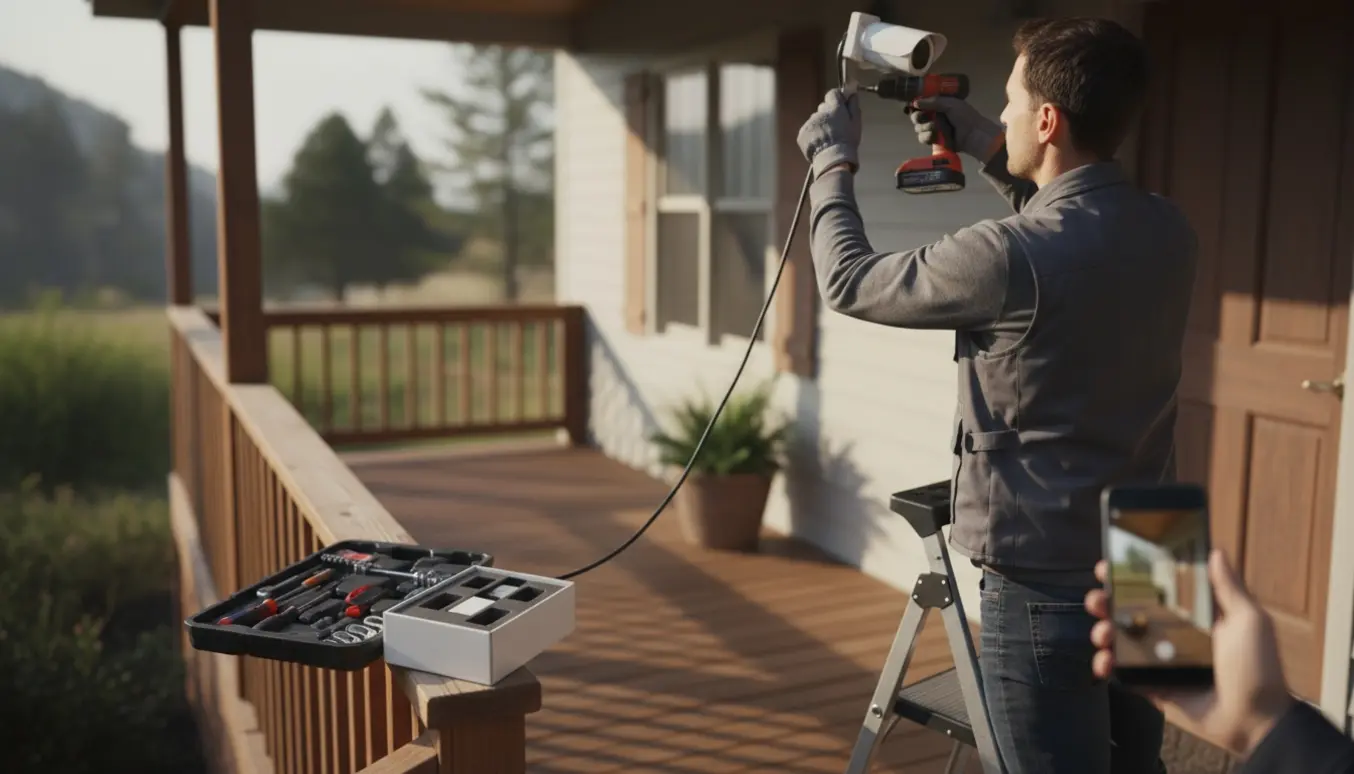Installer monterer et overvågningskamera over en hoveddør, mens en hånd holder en mobil med live-billede.