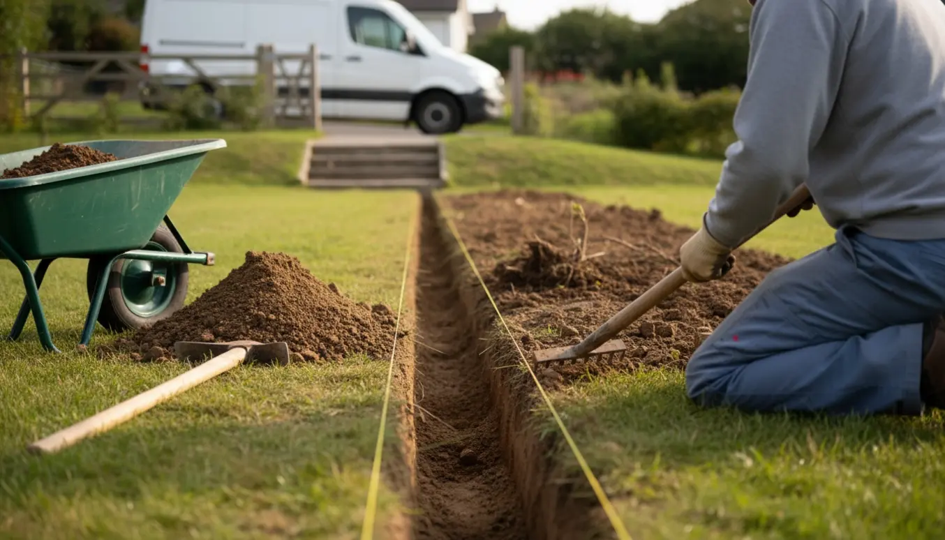 Smal, cirka 35 cm dyb rende gravet i en have til elkabel med skovl, trillebør og arbejdshandsker ved siden af.