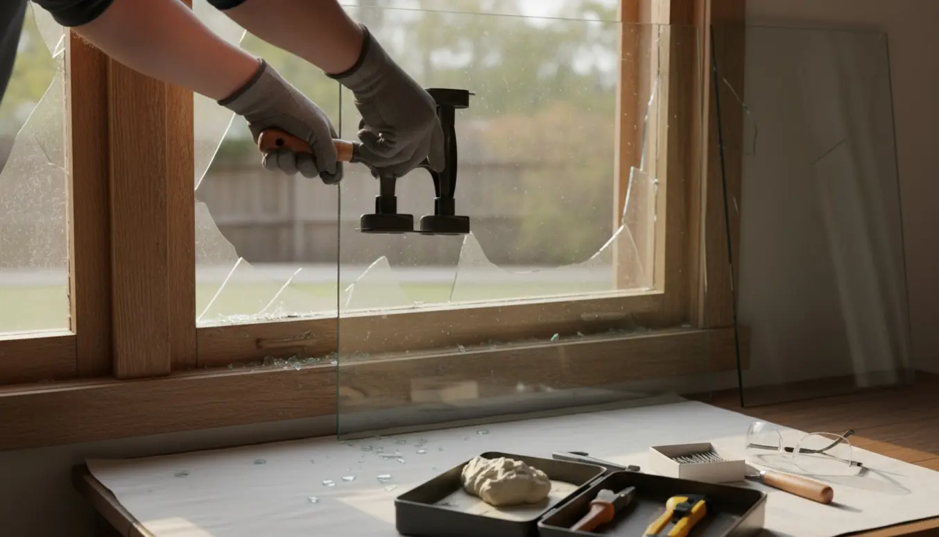 En glarmester skifter en knust rude i en trævinduesramme med handsker og værktøj.