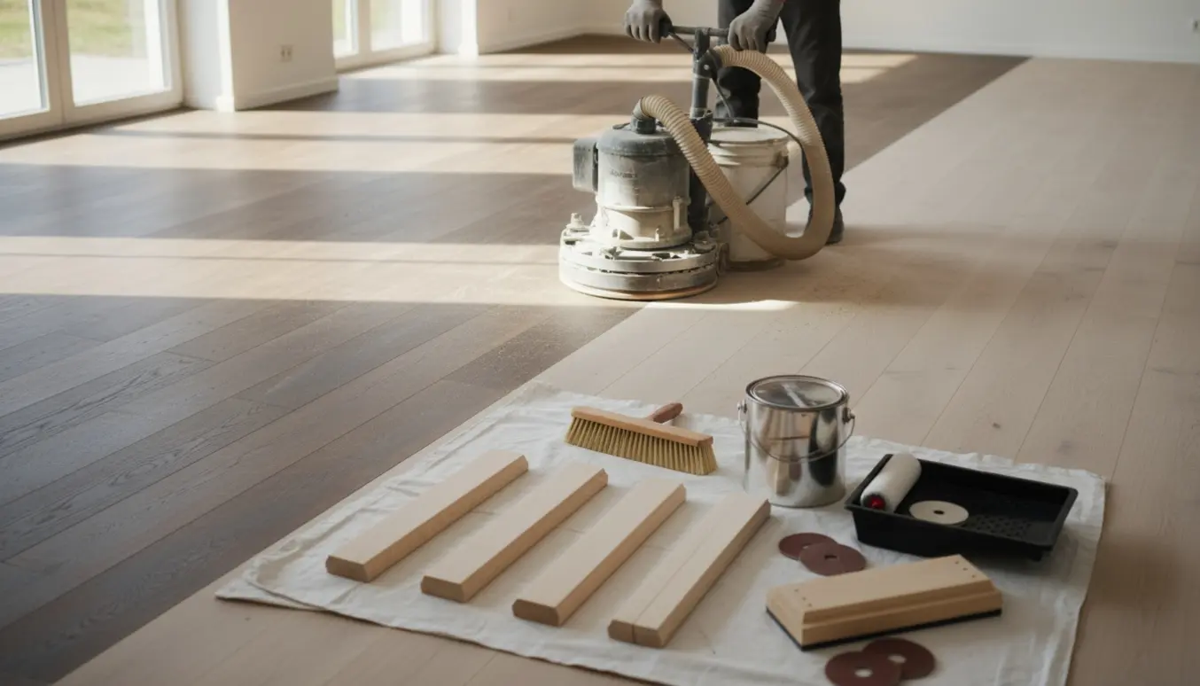 Egetrægulv under slibning og efterbehandling med slibemaskine, pensel og fire bøgetrins ved siden af.