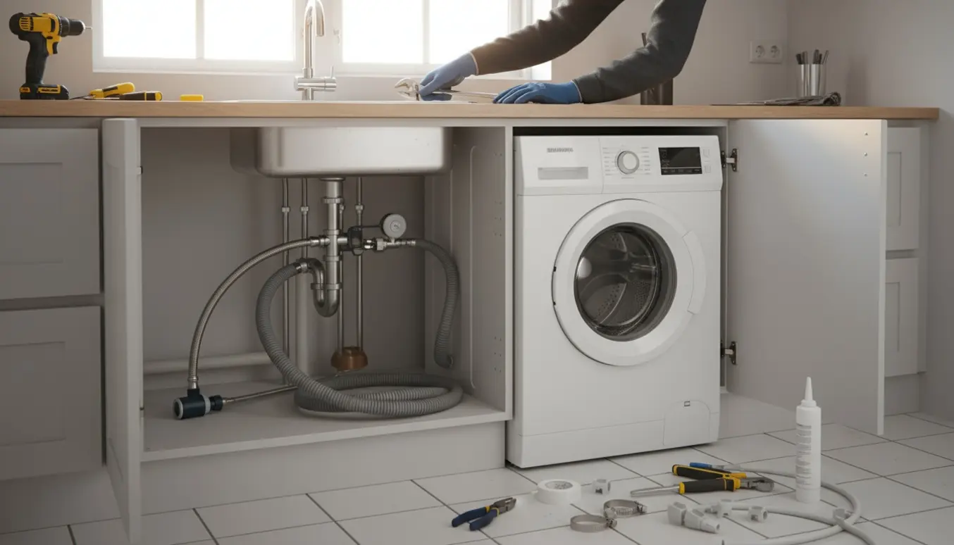 Installering af vaskemaskine i et køkken med synlige vandtilslutninger, aquastopper og forlænget afløbsrør.
