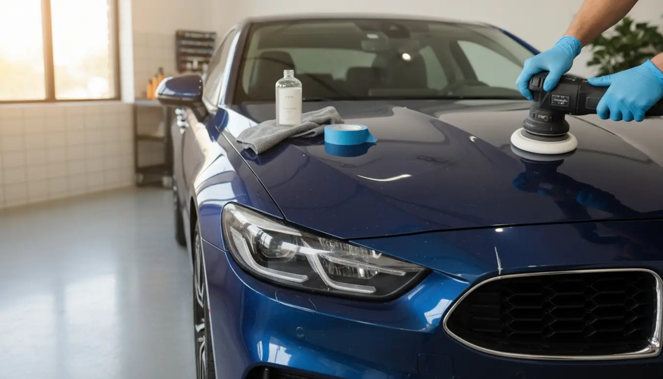 Nærbillede af polering af tre små ridser på en bils lak med polermaskine og mikrofiberklud.