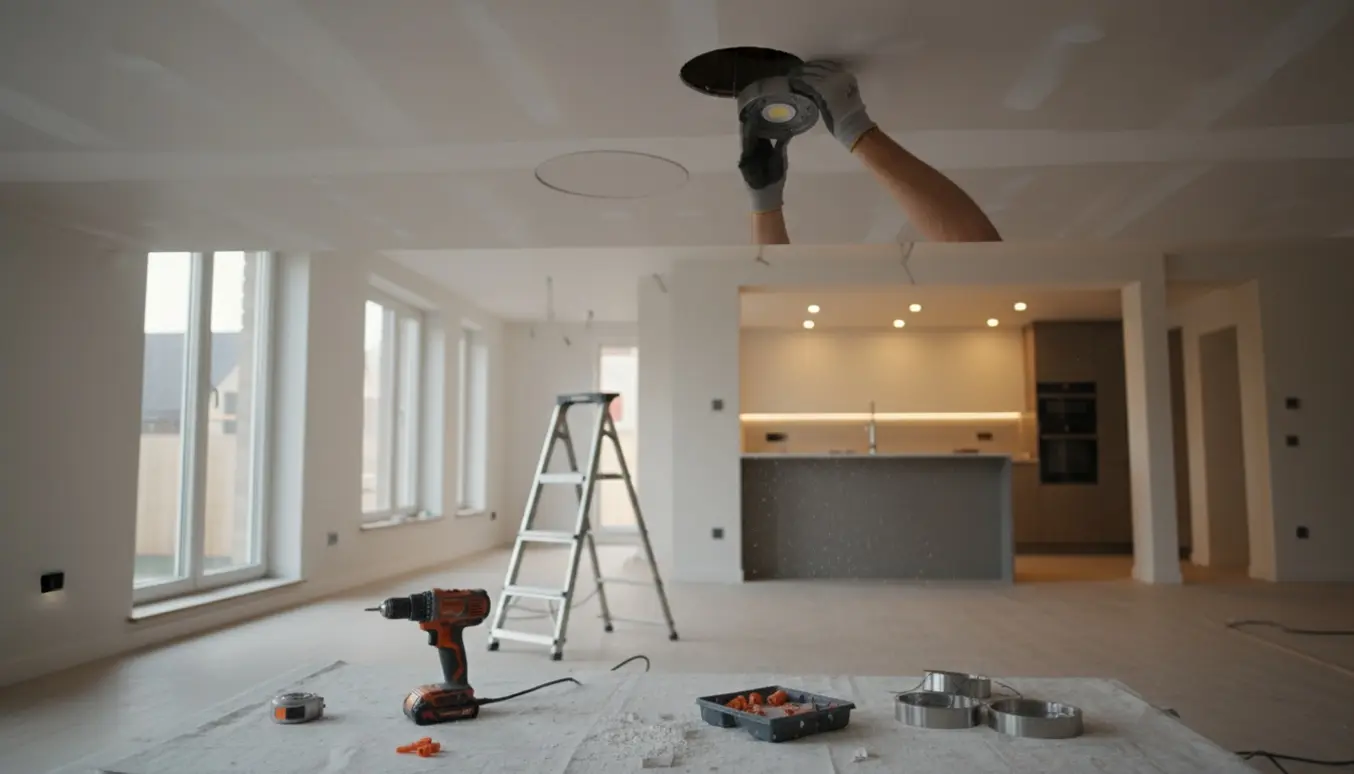 Installation af indbyggede, lysdæmpede spots i et gipsloft i et åbent stue- og køkkenmiljø.