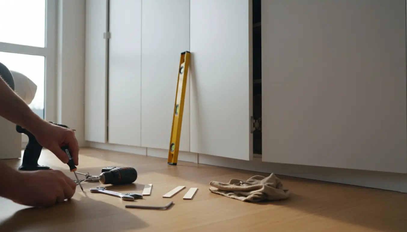 Hænder justerer hængsler på en 3,5 m PAX-stil garderobe med syv låger og værktøj på gulvet.