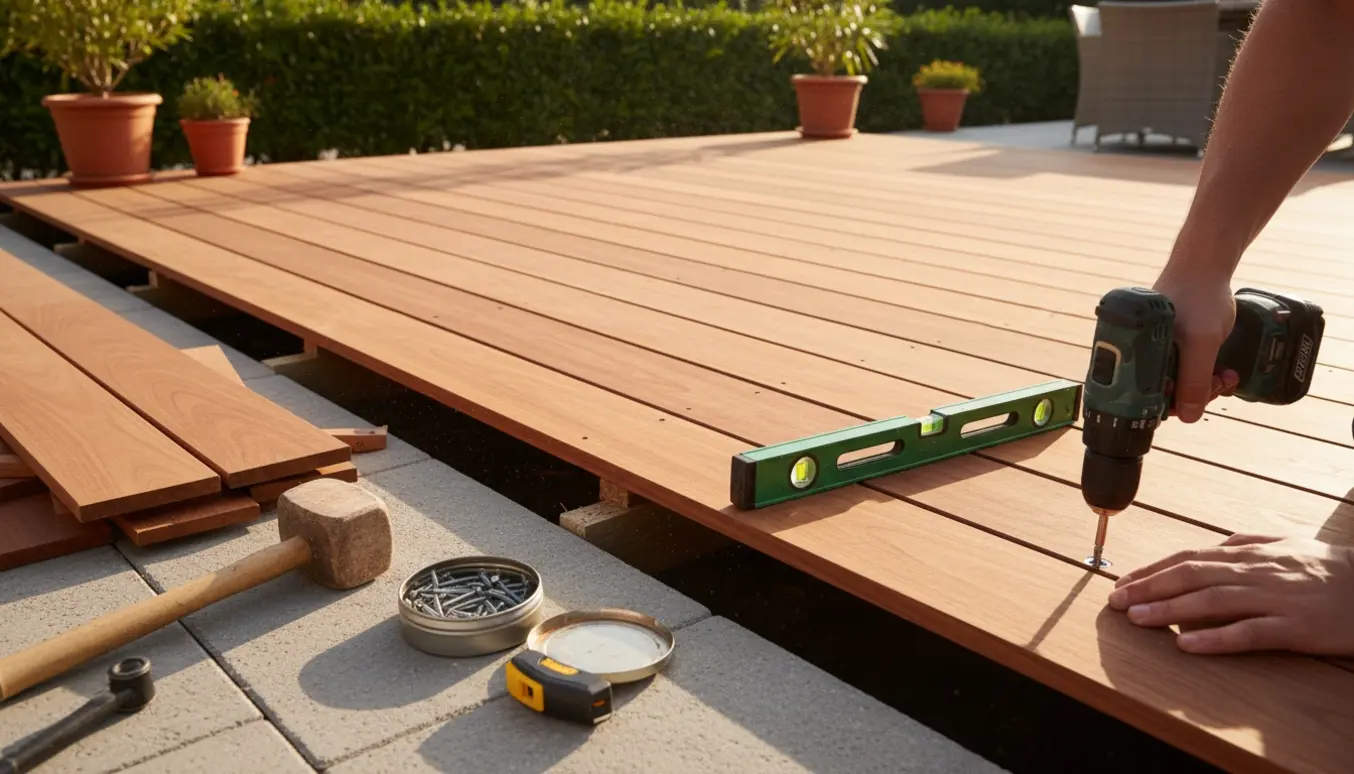 Næsten færdig jatoba-træterrasse på ni gange fem meter hævet omtrent tredive centimeter over eksisterende fliser, med værktøj og arbejderhænder i fokus.
