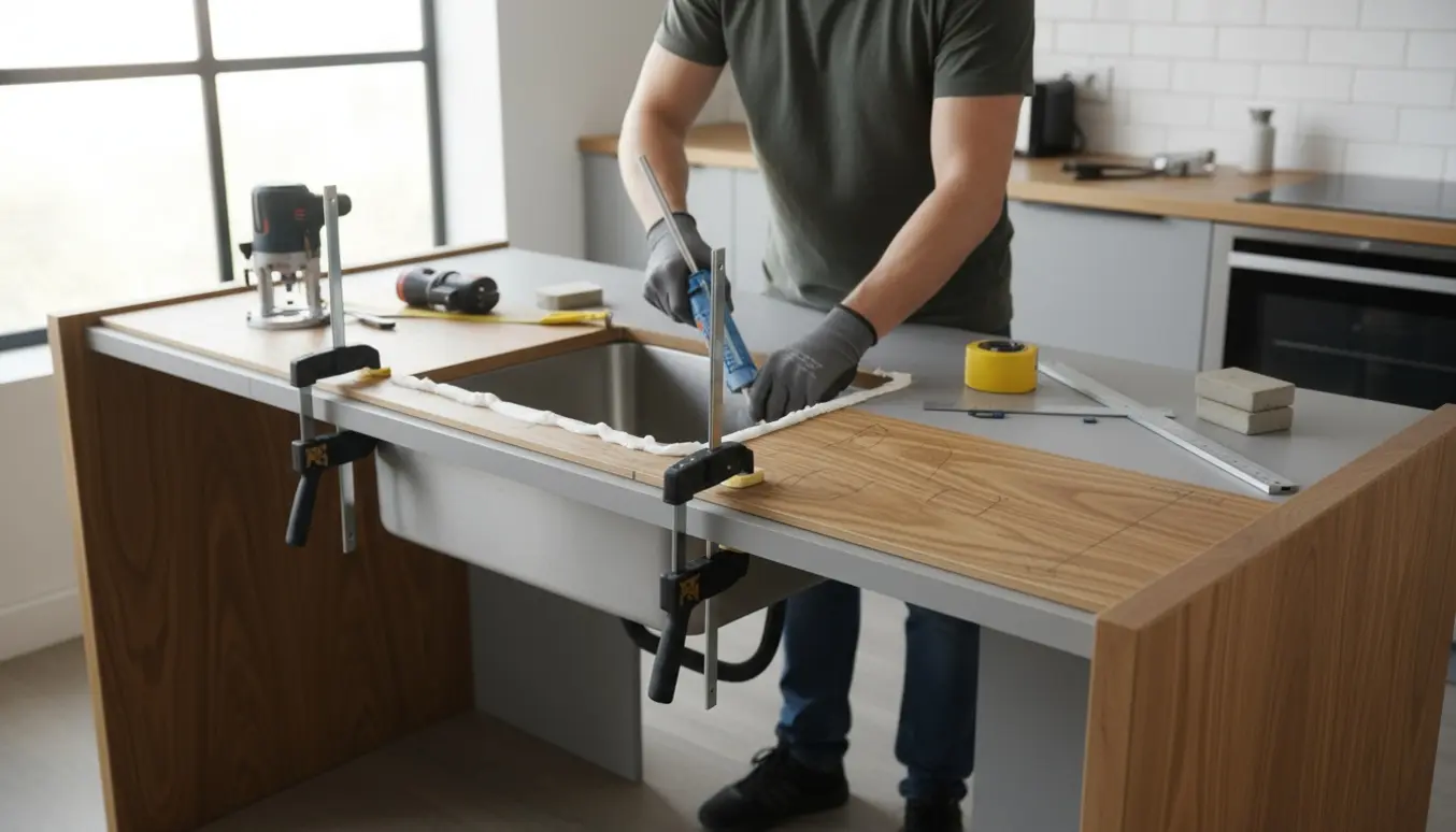 Installation af køkkenbordplade med to materialer, udskæring til vask og håndværkerhænder, der påfører lim.