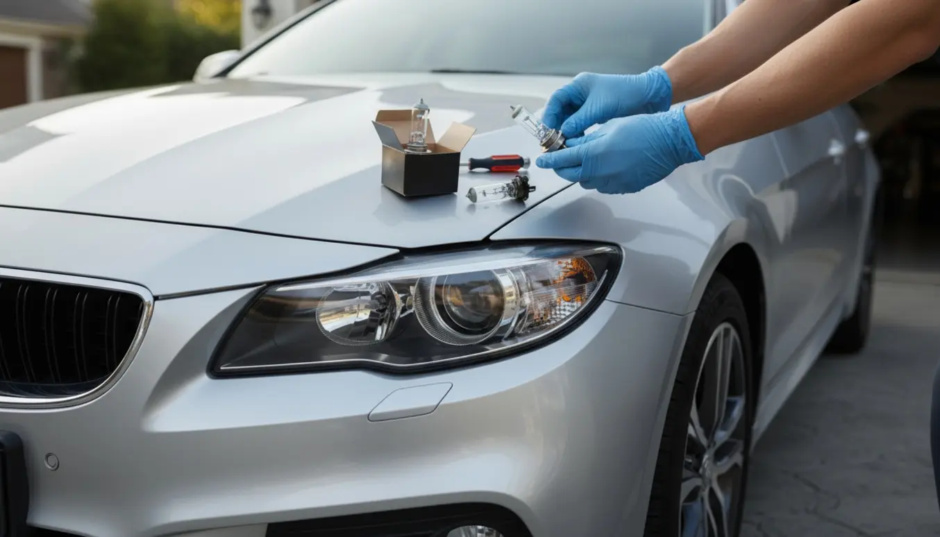 Nærbillede af handskerede hænder, der skifter en defekt forlygtepære på en bil med nye pærer og værktøj på skærmen.