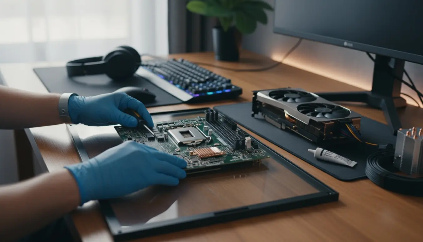 Nærbillede af hænder, der monterer et nyt bundkort i en gamer-pc med værktøj og komponenter omkring.
