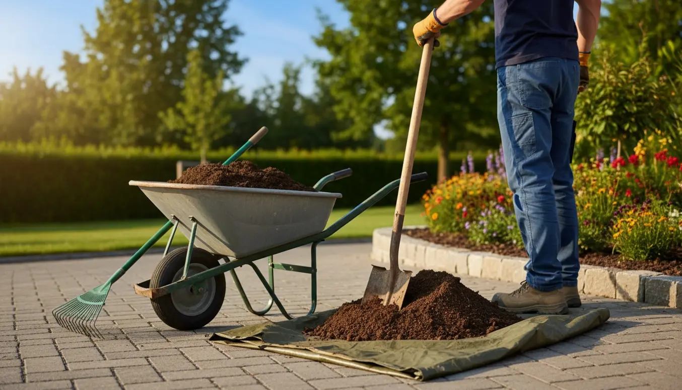 Trillebør og skovl med jord på indkørsel klar til at blive flyttet op i haven.