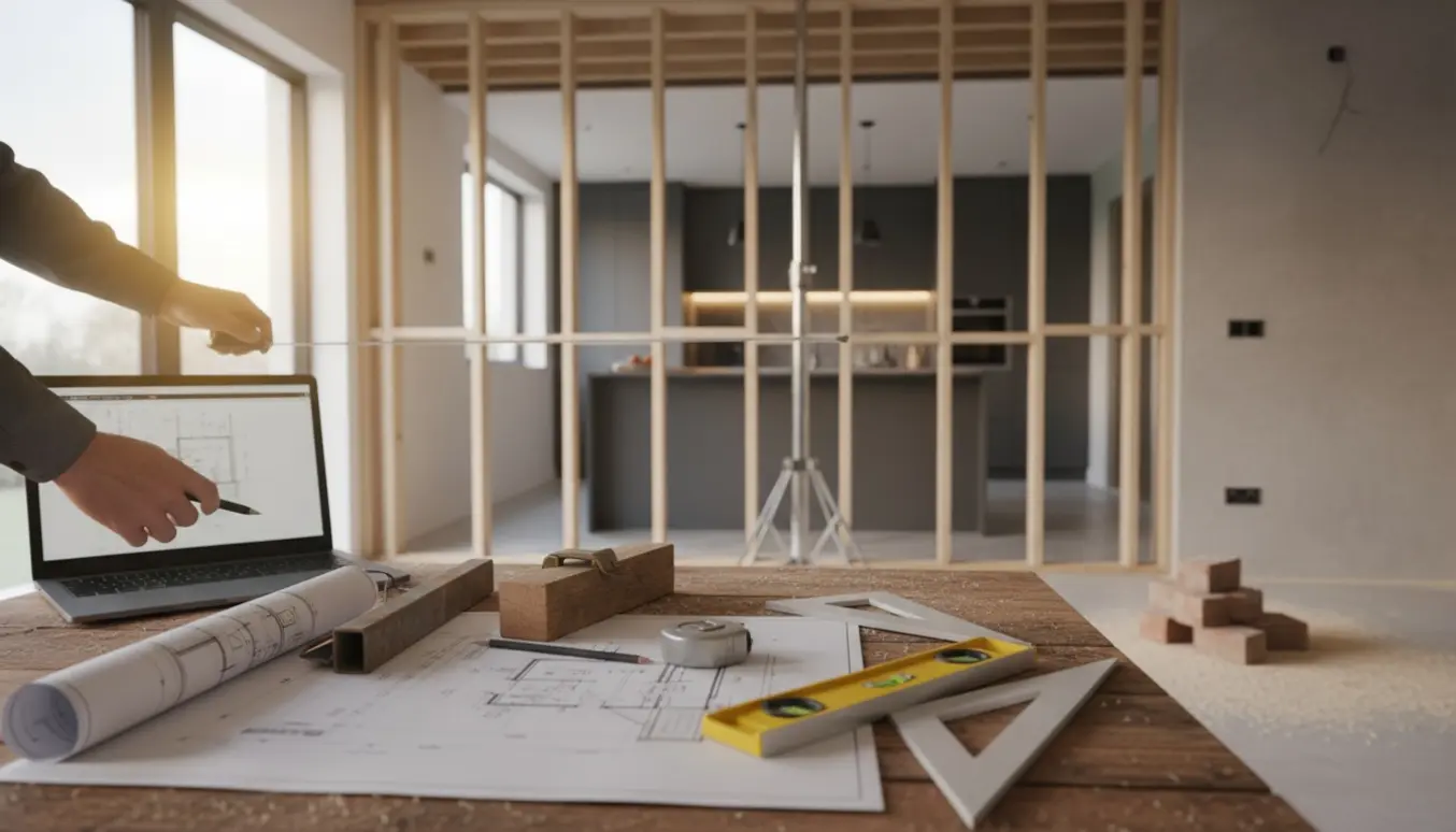 Ingeniør vurderer en delvist åben væg mellem køkken og stue med tegninger, måleværktøj og en prøveoverligger på bordet.