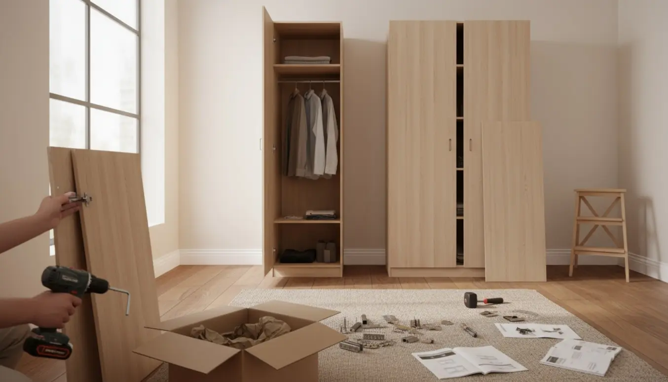 Montage af to garderobeskabe i en lys stue med værktøj og dele spredt på gulvet.