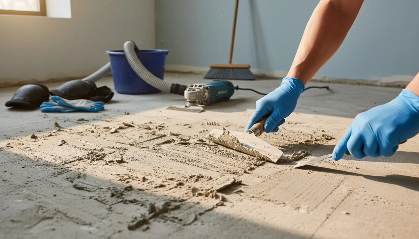 Nærbillede af handsker og skurespade, der fjerner gammel fliseklæb fra et delvist renset gulv.